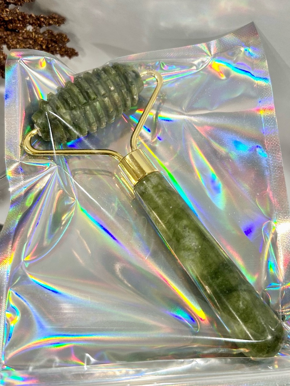 Green Textured Jade Facial Massage Roller - Natural Stone Skin Tool
